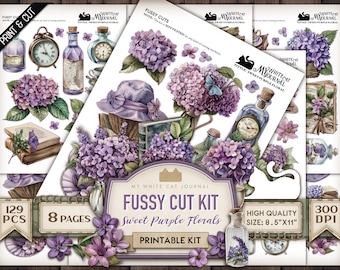 Sweet Purple Floral Ephemera | Junk Journal Kit | Vintage Fussy Cut Collage Sheets