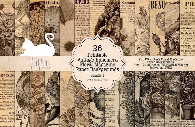 May include: A set of 26 printable vintage floral magazine paper backgrounds. The backgrounds are 12x12 inches and 300 dpi. The backgrounds feature a variety of floral illustrations and text from old magazines.