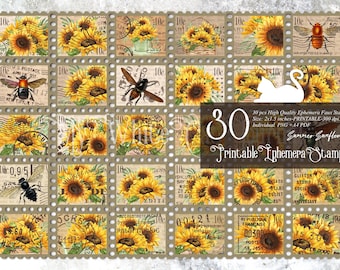 Junk Journal, Sunflower And Bee Stamp, Embellishments, Printable, Faux Stamps, Collage Sheets, Ephemera Stamp, Scrapbook, Digital Download