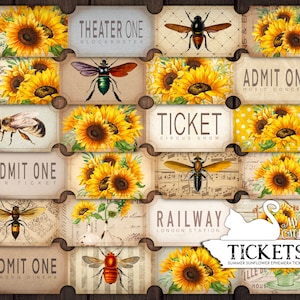 Junk Journal, Sunflower And Bees, Printable Ticket, Ephemera Tickets, Card Vintage, Embellishments, Scrapbook, Digital Download