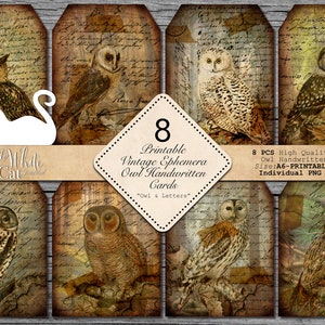 Diario basura, Tarjetas de búho, Manuscrito, Vintage, Efímera, Collage, Imprimible, Tarjeta, Álbum de recortes, Adornos, Descarga digital