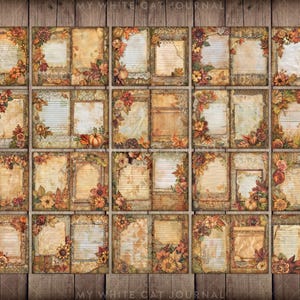 May include: A set of 24 printable digital scrapbook paper pages featuring a fall theme with autumn leaves, pumpkins, and flowers in shades of brown, orange, yellow, and red. The pages have a vintage, rustic look with distressed edges and a lace overlay.