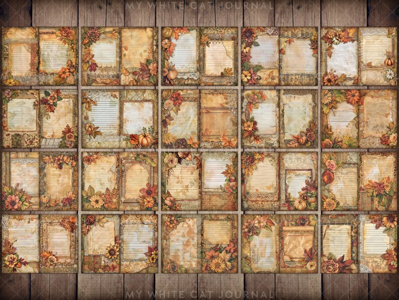 May include: A set of 24 printable digital scrapbook paper pages featuring a fall theme with autumn leaves, pumpkins, and flowers in shades of brown, orange, yellow, and red. The pages have a vintage, rustic look with distressed edges and a lace overlay.