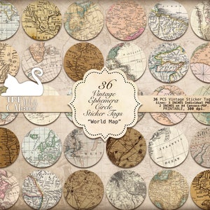Junk Journal, Vintage Karte, Aufkleber, Weltkarte, bedruckbar, Collage Sheets, Aufkleber, Verzierungen, Scrapbook, digitaler Download