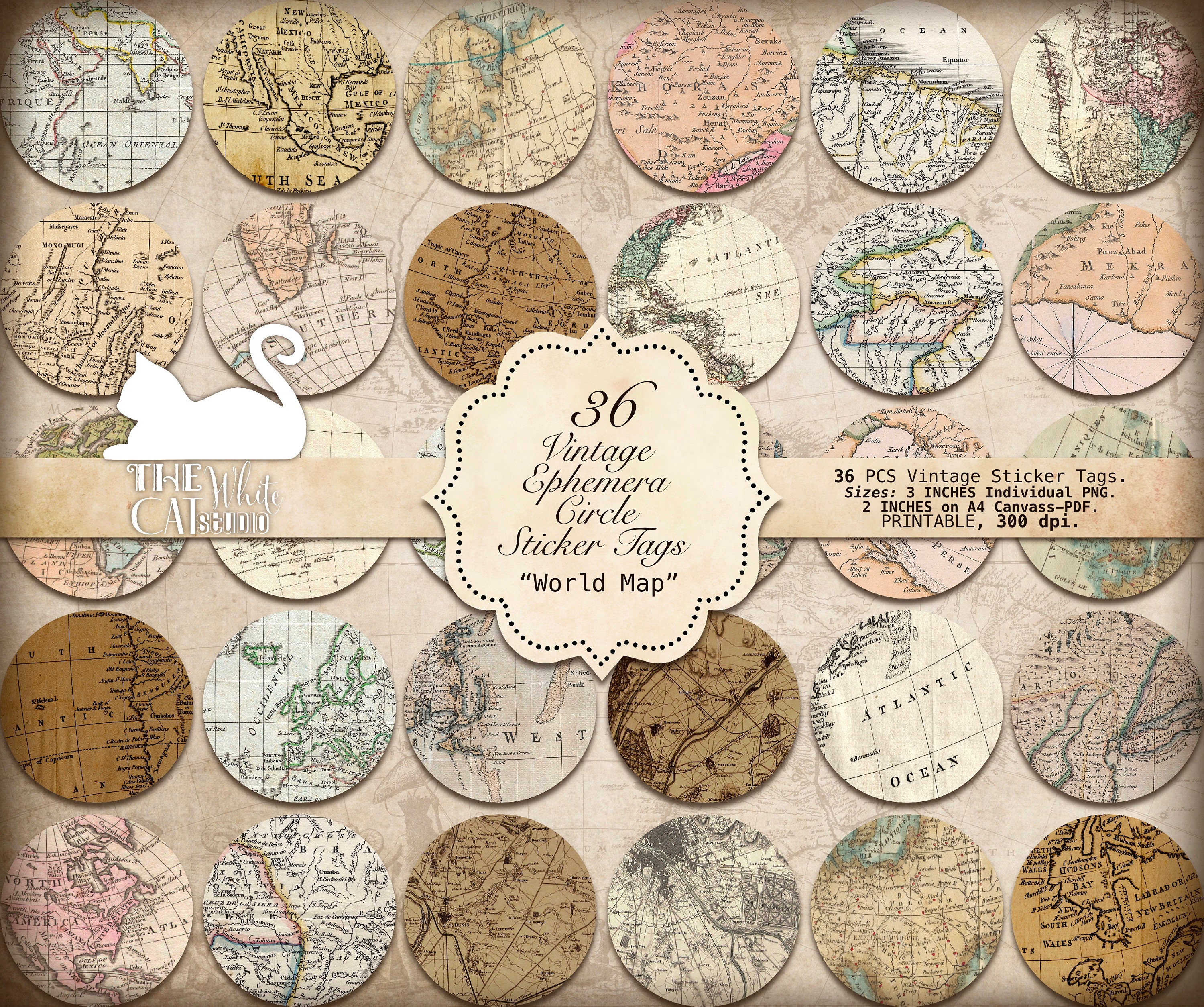 printable vintage map stickers world map junk journal etsy