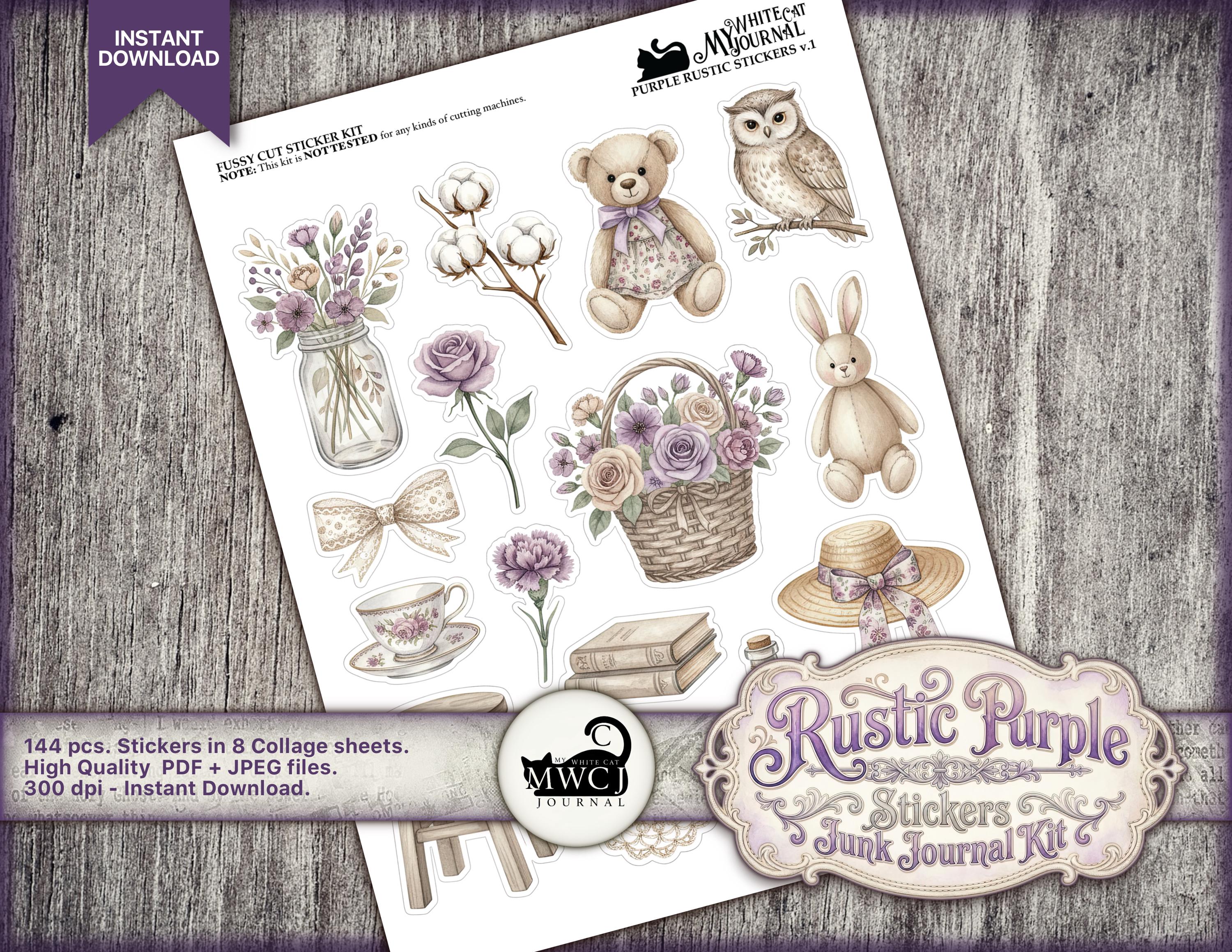 Purple Junk Journal Stickers | Printable Vintage Ephemera Kit | Collage ...