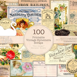 Junk Journal, Ephemera Scraps, Vintage, Clipart, Antique, Printable, Graphics Bundle, Label, Scrapbook, Digital Download