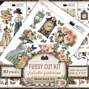 May include: A digital printable fussy cut kit with 148 pieces, 10 pages, and 300 DPI. The kit features an eclectic Victorian theme with images of clocks, flowers, women, and other decorative elements. The kit is titled "My White Cat Journal: Eclectic Victorian".