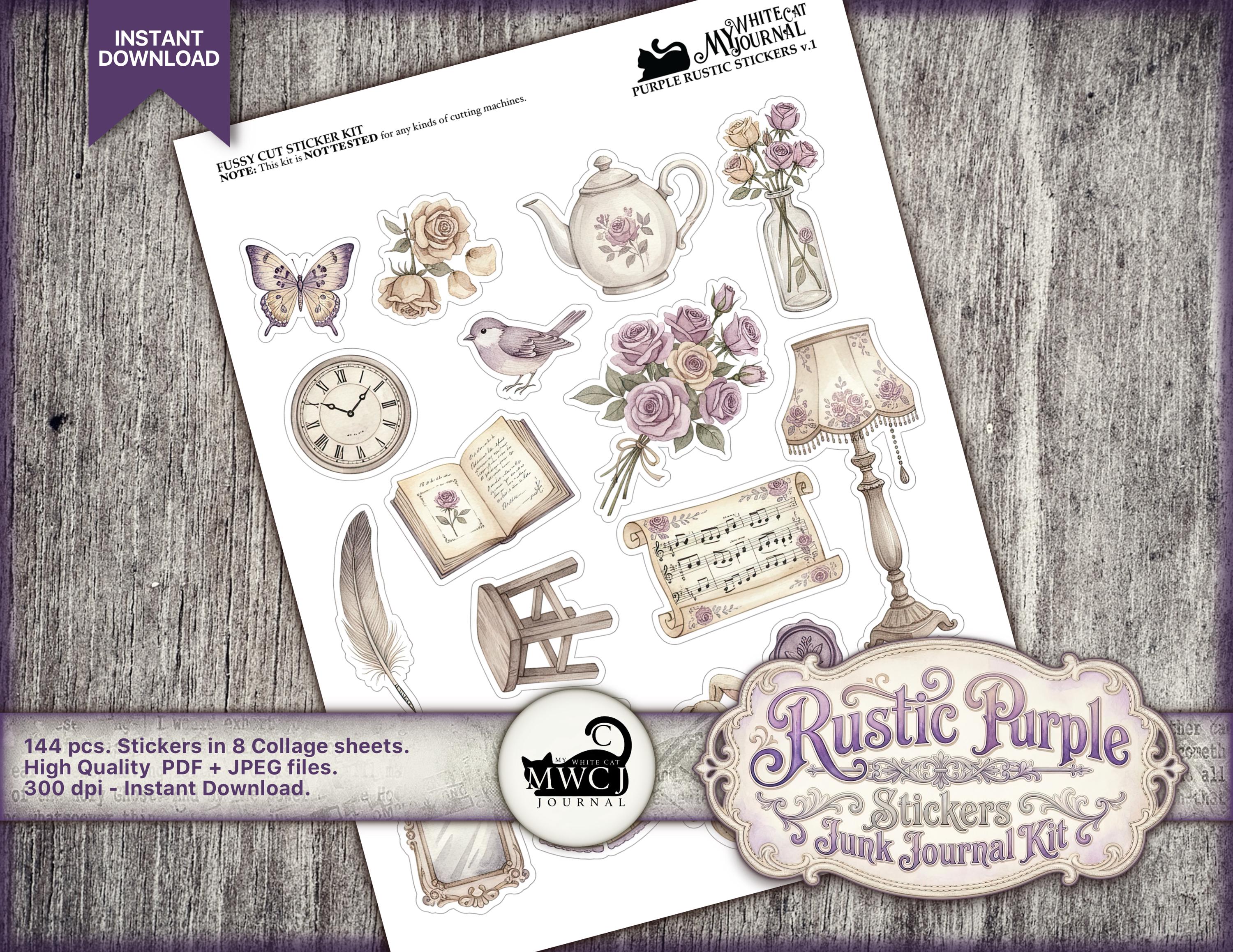 Purple Junk Journal Stickers | Printable Vintage Ephemera Kit | Collage ...