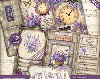 Afdrukbare Junk Journal Kit, Cottagecore Purple Floral Folio, Lavendel Efemere Scrapbooking, Vintage Collagebladen, Digitale Download