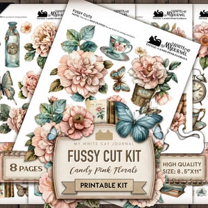 Junk Journal, Candy Pink Florals, Fussy Cut, Printable, Sticker, Collage Sheets, Ephemera, Embellishments, Scrapbook, Digital Download