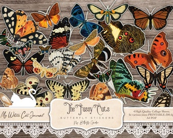 Butterfly Junk Journal Stickers | Vintage Moth Ephemera | A4 Printable Collage Kit PDF