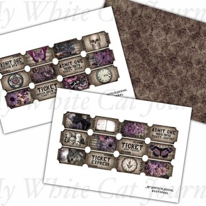 K&ouml;nnte beinhalten: Ein Satz von Tickets im Vintage-Stil mit violetten und schwarzen Akzenten. Die Tickets zeigen Bilder von Sch&auml;deln, Schmetterlingen, Blumen und Uhren. Der Text auf den Tickets lautet "ADMIT ONE", "LONDON STATION", "CIRCUS SHOW", "TICKET EXPRESS" und "NOCTURNAL".