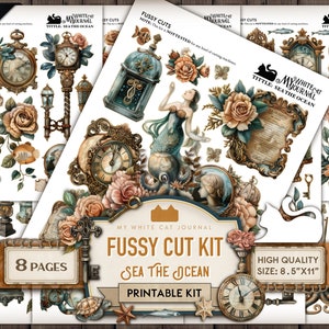 May include: A printable fussy cut kit with 111 pieces, 8 pages, and 300 DPI. The kit features a nautical theme with images of mermaids, clocks, keys, roses, and sea life. The kit is titled "My White Cat Journal: Fussy Cut Kit Sea The Ocean".
