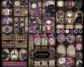 Junk Journal, Nocturnal, Grunge, Assorted Ephemera, Collage Sheets, Embellishments, Cards, Scrapbook, Digital Download