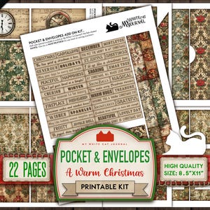 Junk Journal Embellishment Kit, Printable Pocket And Envelopes, A Warm Christmas, Ephemera, Card Collages, Scrapbook, Digital Download