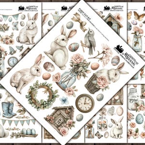 May include: A set of six digital paper sheets featuring a spring fairytale theme with bunnies, birds, eggs, flowers, and clocks. The papers are designed for fussy cutting and crafting.