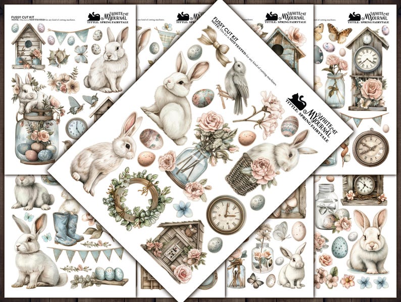 May include: A set of six digital paper sheets featuring a spring fairytale theme with bunnies, birds, eggs, flowers, and clocks. The papers are designed for fussy cutting and crafting.