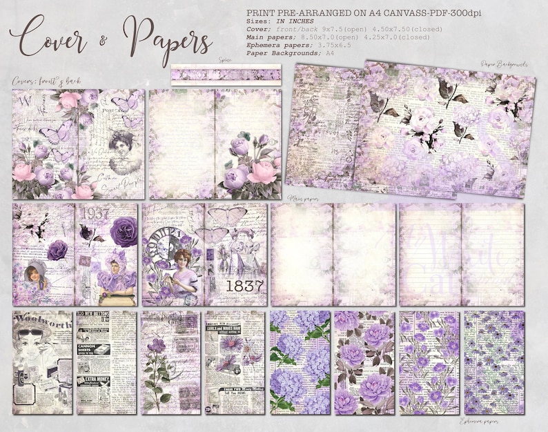 Junk Journal Kit Purple Floral Ephemera Shabby Chic Etsy