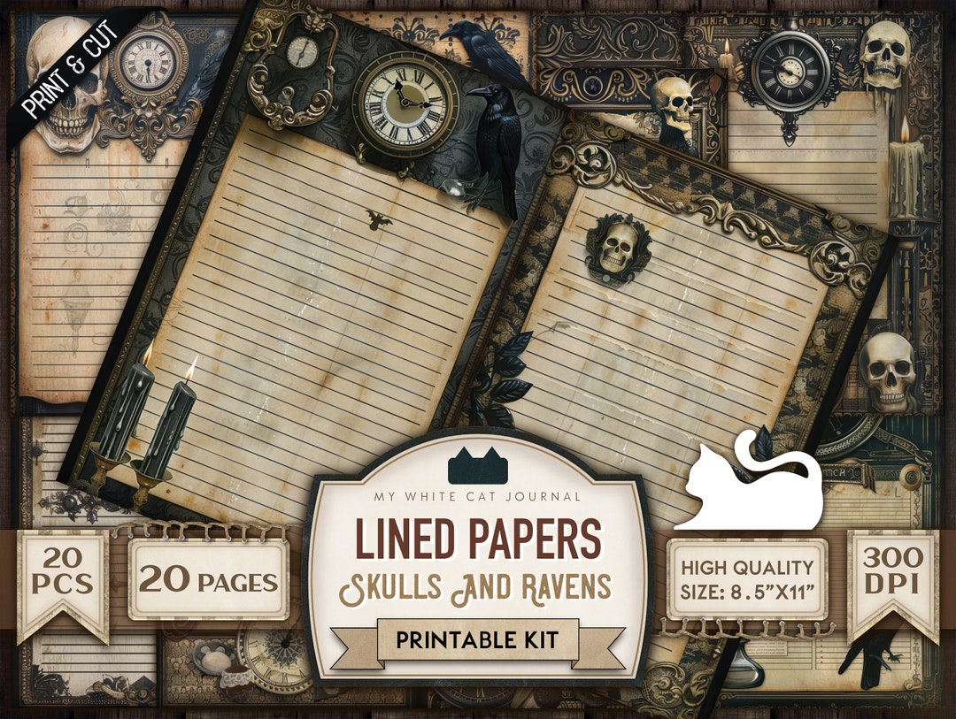 Junk Journal, Skulls and Ravens, Gothic, Printable, Lined Papers, Journal Paper, Signature Pages ...