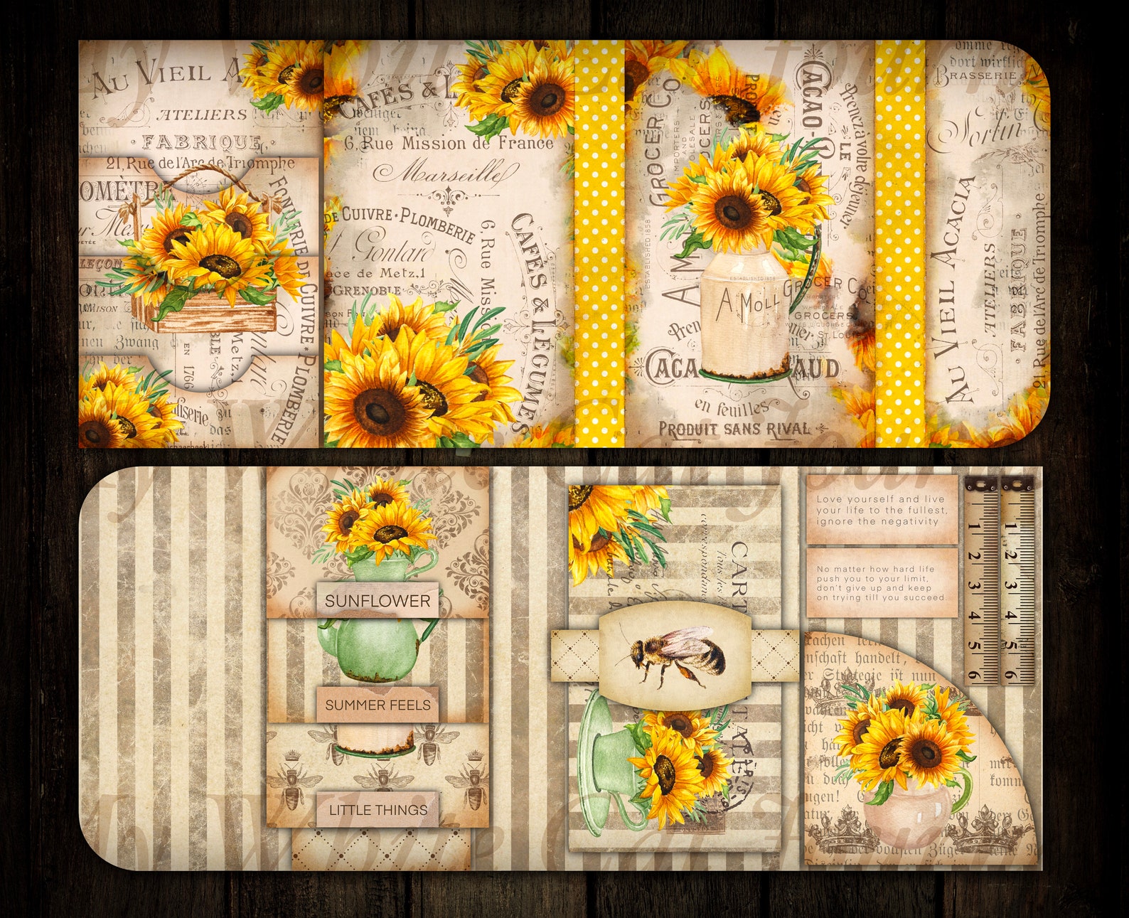 Sunflower Junk Journal Kit – Printable Folding Folio, Vintage Floral ...