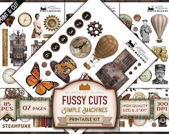 Steampunk skräpjournal-klistermärken | Vintage-maskiner, efemera | Utskrivbara, krångliga klipp | Direkt nedladdning
