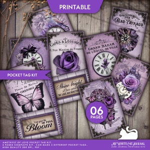 Junk Journal, Pocket Tag, Amethyst, Purple, Printable, Ephemera, Card, Embellishments, Collage Sheets, Scrapbook, Digital Download