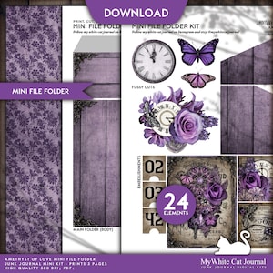 Junk Journal, Mini File Folder, Amethyst Of Love, Printable, Ephemera, Purple Card, Collage Sheets, Scrapbook, Digital Download