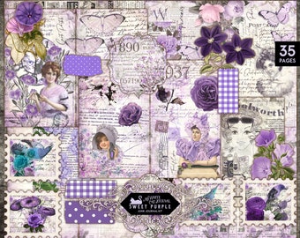Junk Journal Kit, Purple, Floral, Ephemera, Shabby Chic, Printable, Craft Kit, Collage Sheets, Scrapbook, Digital Download