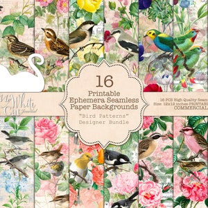 Junk Journal, Seamless Patterns, Bird Pattern, Ephemera, floral, Texture, Background, Printable, Digital Download