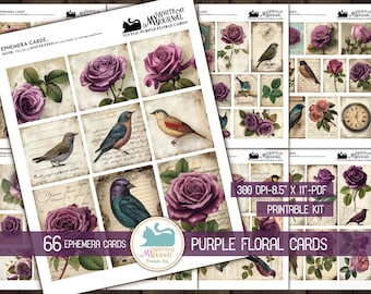 May include: Printable kit of 66 ephemera cards featuring purple roses and birds. The cards have a vintage aesthetic with handwritten script and a clock image. The kit is 21.59 cm x 27.94 cm and 300 DPI.