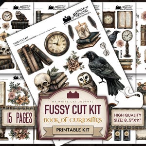 Junk Journal Stickers, Printable, Dark Academia, Fussy Cut, Book Of Curiosities, Collage Sheets, Owl, Skull, Scrapbook, Digital Download