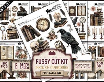 Gothic Ephemera Printable | Book of Curiosities Stickers | Junk Journal Scrapbook Kit PDF