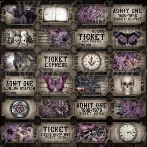 K&ouml;nnte beinhalten: Ein Satz von zehn Tickets im Vintage-Stil mit verschiedenen Bildern, darunter ein Wolf, ein Sch&auml;del, ein Schmetterling, eine Uhr und ein Haus. Die Tickets sind auf strukturiertem Papier mit einem Used-Look gedruckt und haben ein Schwarz-Wei&szlig;-Farbschema mit violetten Akzenten.