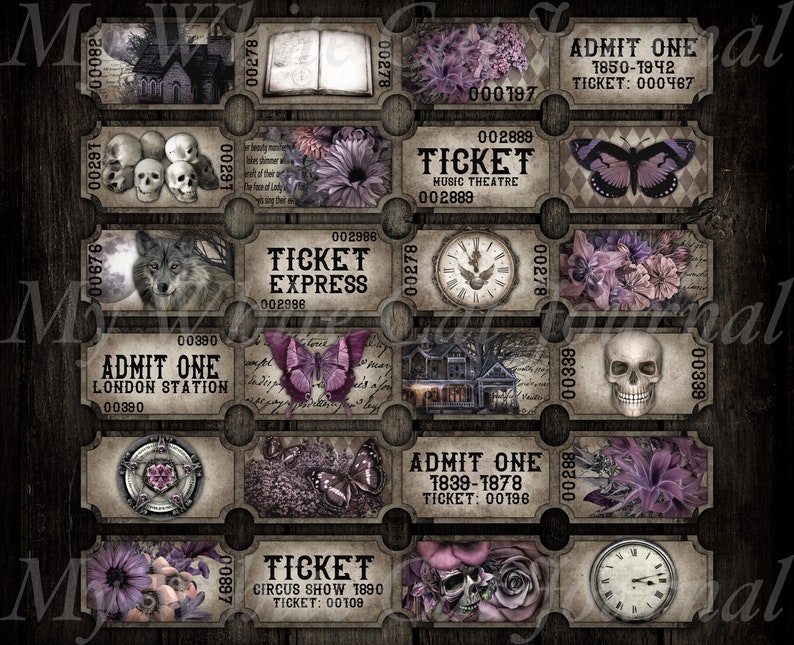 K&ouml;nnte beinhalten: Ein Satz von zehn Tickets im Vintage-Stil mit verschiedenen Bildern, darunter ein Wolf, ein Sch&auml;del, ein Schmetterling, eine Uhr und ein Haus. Die Tickets sind auf strukturiertem Papier mit einem Used-Look gedruckt und haben ein Schwarz-Wei&szlig;-Farbschema mit violetten Akzenten.