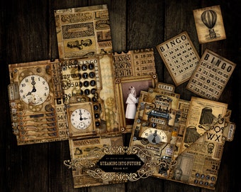 May include: A vintage-style scrapbook kit with a steampunk theme. The kit includes various paper ephemera, including gears, clocks, and a vintage camera. The kit also includes a title card that reads "Steaming Into Future".