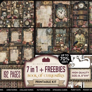7 in 1, Junk Journal, BUNDLE, Dark Academia, Book Of Curiosities, Printable, Paper, Card, Stickers, Owl, Skull, Scrapbook, Digital Download
