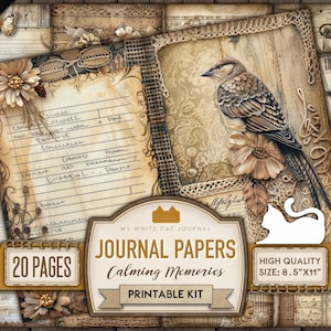 Junk Journal, Rustic, Neutral Brown, Journal Papers, Printable, Signature Pages, Ephemera, Burlap, Lace, Floral, Scrapbook, Digital Download