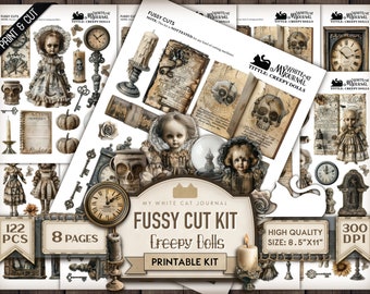 Creepy Doll Ephemera Kit | Printable Halloween Stickers | Junk Journal Horror Set | Gothic Collage Pages