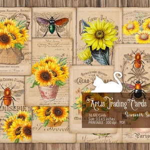 Junk Journal, ATC Karte, Sommer Sonnenblume, Biene, Künstler Sammelkarte, Printable, Ephemera, Verzierungen, Scrapbook, digitaler Download