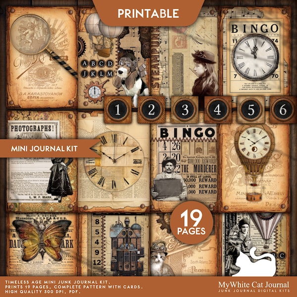 Mini Junk Journal Kit, Steampunk, Timeless Age, Printable, Ephemera, Collage Sheet, Craft Kit, Junk Journal Kit, Scrapbook, Digital Download