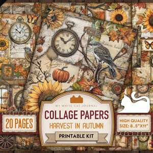 Junk Journal, Harvest In Autumn, Collage Paper, Printable, Ephemera, Floral, Pumpkin, Papers, Scrapbook, Digital Download