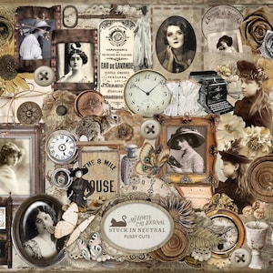 Junk Journal, Stuck In Neutral, Fussy Cuts, Printable, Neutral, Ephemera, Collage Sheets, Embellishments, Scrapbook, Digital Download