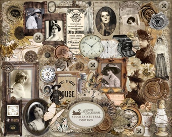 Junk Journal, Stuck In Neutral, Fussy Cuts, Printable, Neutral, Ephemera, Collage Sheets, Embellishments, Scrapbook, Digital Download