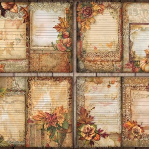 May include: Six printable journal pages with a fall theme. Each page features a different design with fall leaves, pumpkins, and lace. The pages are lined for writing.