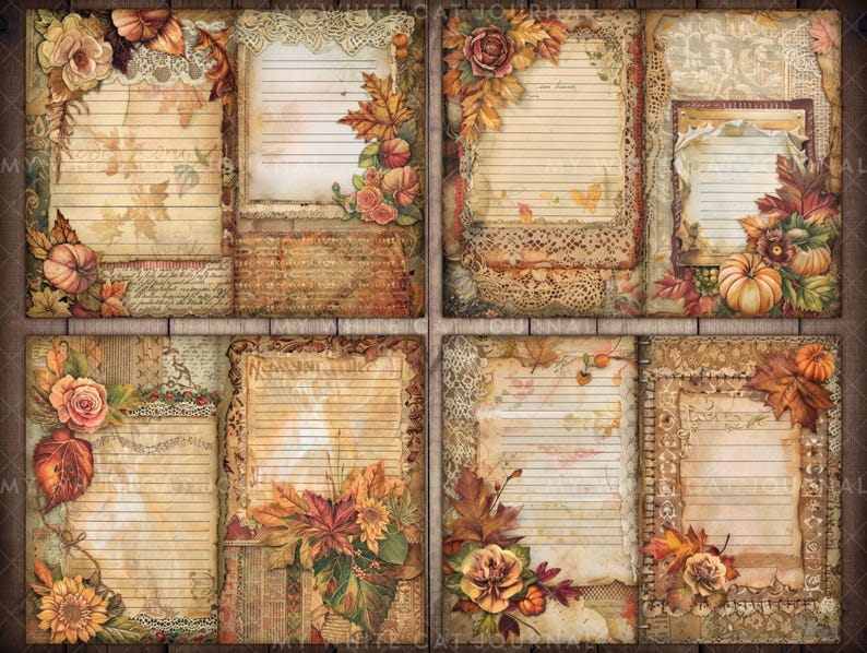 May include: Six printable journal pages with a fall theme. Each page features a different design with fall leaves, pumpkins, and lace. The pages are lined for writing.