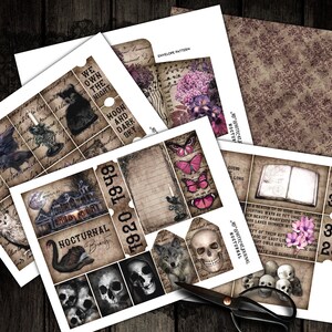 May include: A printable set of digital collage sheets featuring a spooky, gothic theme. The sheets include images of a haunted house, a black swan, a wolf, skulls, butterflies, and a book. The text "Nocturnal Beauty" and "1920 1949" are also included.