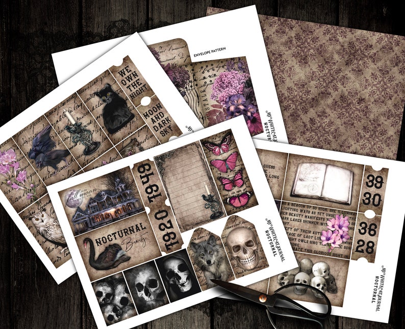 May include: A printable set of digital collage sheets featuring a spooky, gothic theme. The sheets include images of a haunted house, a black swan, a wolf, skulls, butterflies, and a book. The text "Nocturnal Beauty" and "1920 1949" are also included.