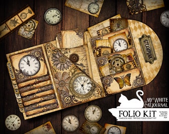 Junk Journal, Folding Folio, Steampunk, Trifold, Loaded