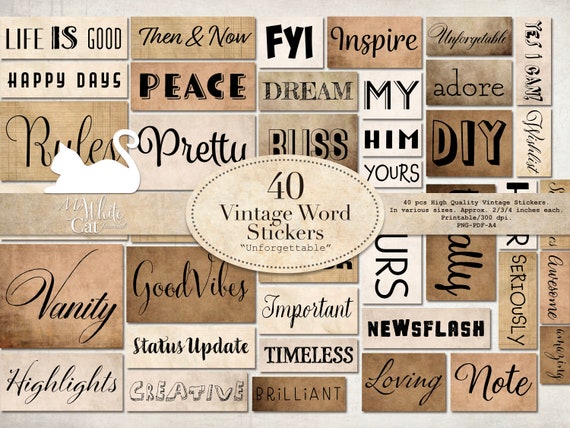 Junk Journal, Word Stickers, Printable, Collage Sheets, Positive Words,  Sticker, Embellishment, Scrapbook, Digital Download 